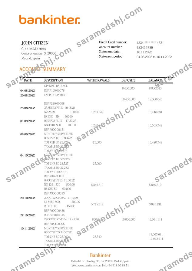 Spain Bankinter bank statement